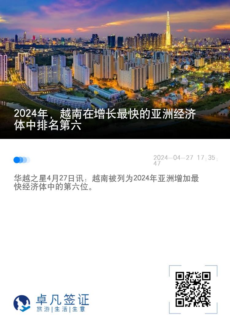 2024年，越南在增长最快的亚洲经济体中排名第六