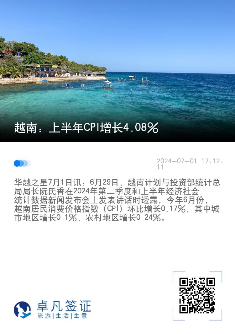 越南：上半年CPI增长4.08%