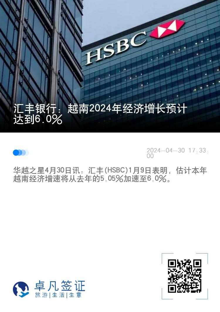 汇丰银行：越南2024年经济增长预计达到6.0%