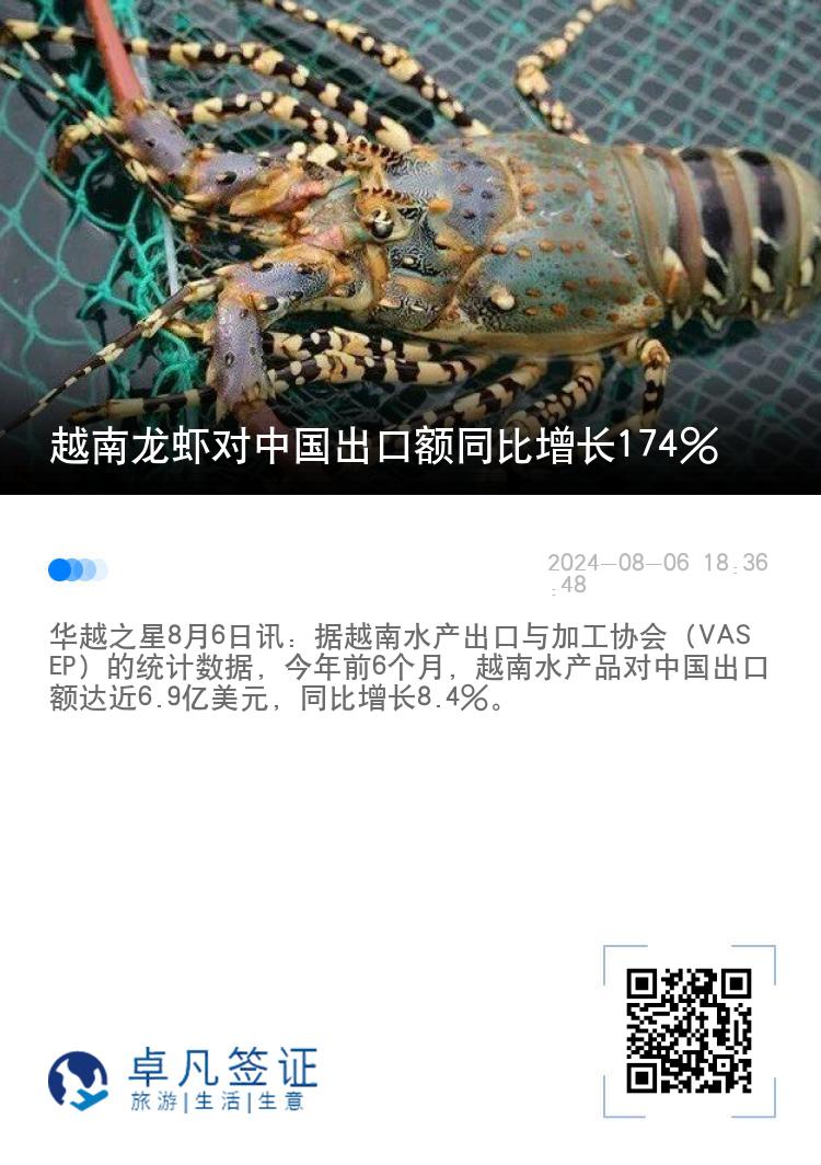 越南龙虾对中国出口额同比增长174％