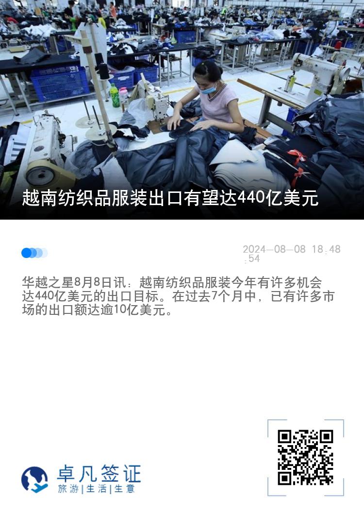 越南纺织品服装出口有望达440亿美元