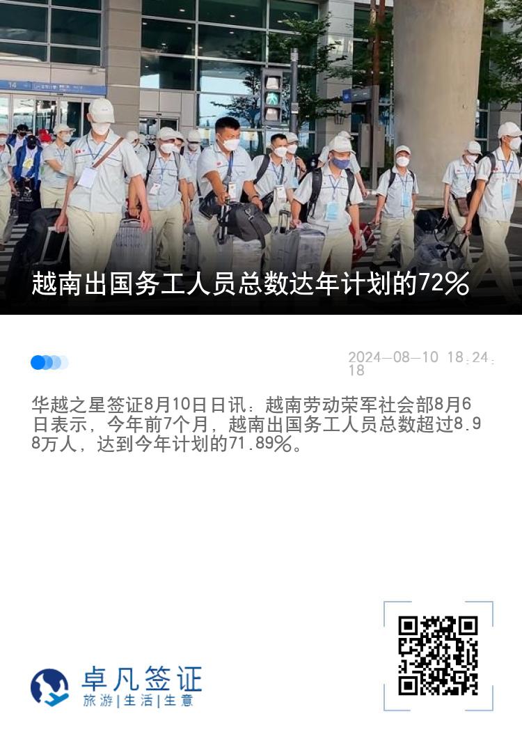 越南出国务工人员总数达年计划的72%