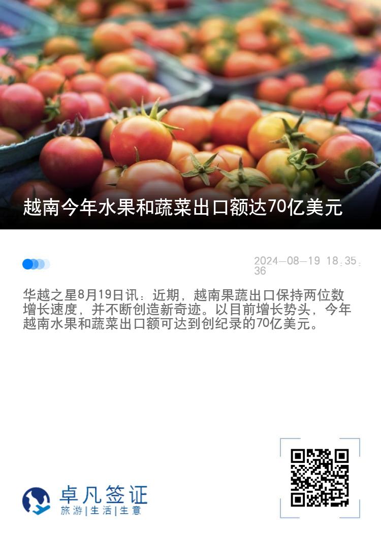 越南今年水果和蔬菜出口额达70亿美元