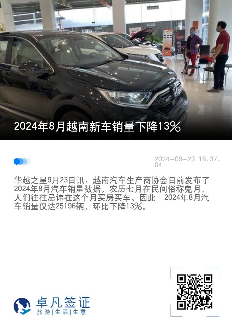 2024年8月越南新车销量下降13%