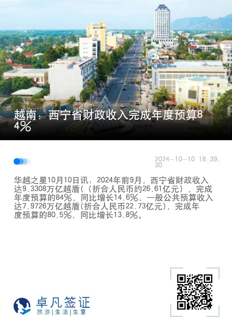 越南：西宁省财政收入完成年度预算84%