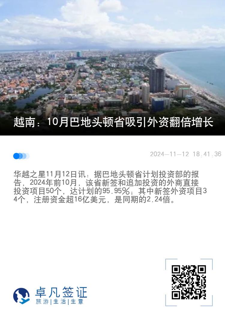 越南：10月巴地头顿省吸引外资翻倍增长