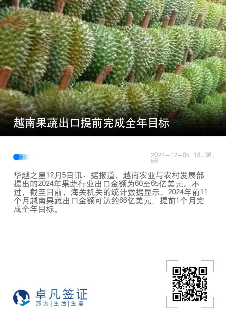 越南果蔬出口提前完成全年目标