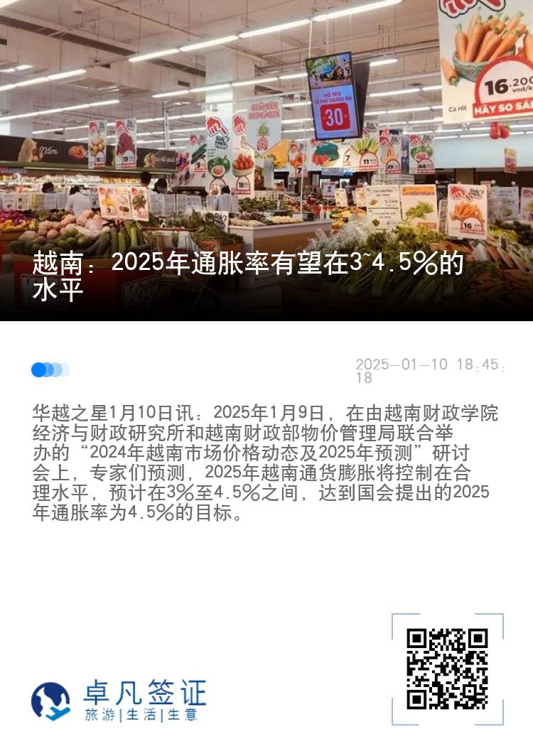 越南：2025年通胀率有望在3~4.5%的水平