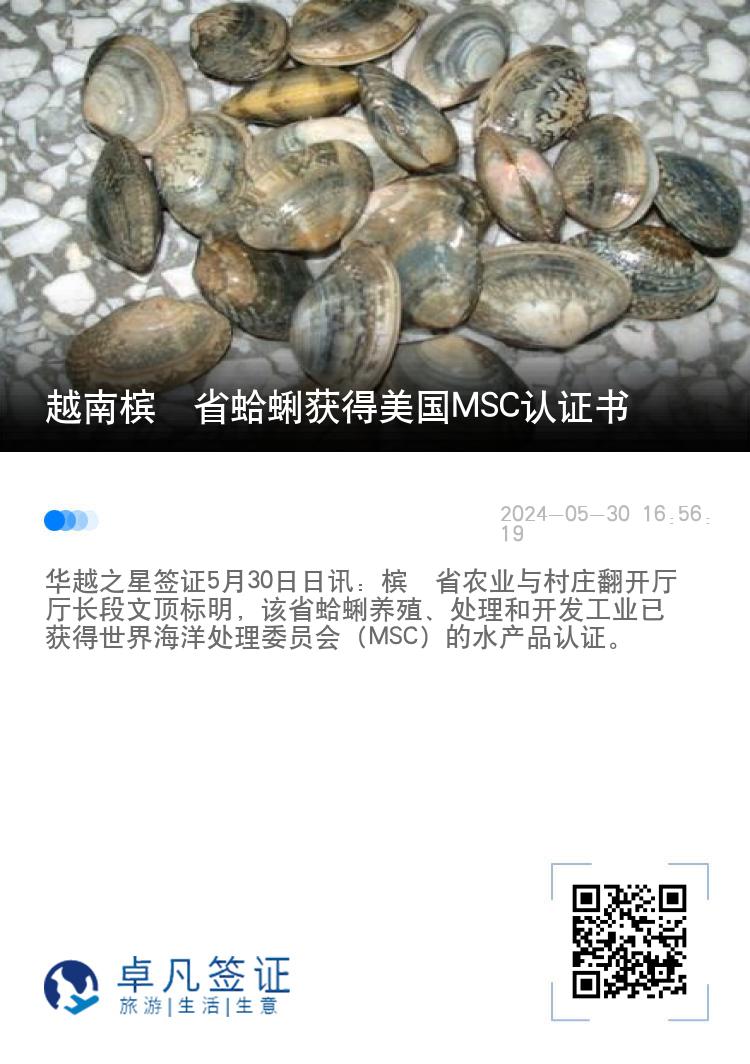 越南槟椥省蛤蜊获得美国MSC认证书